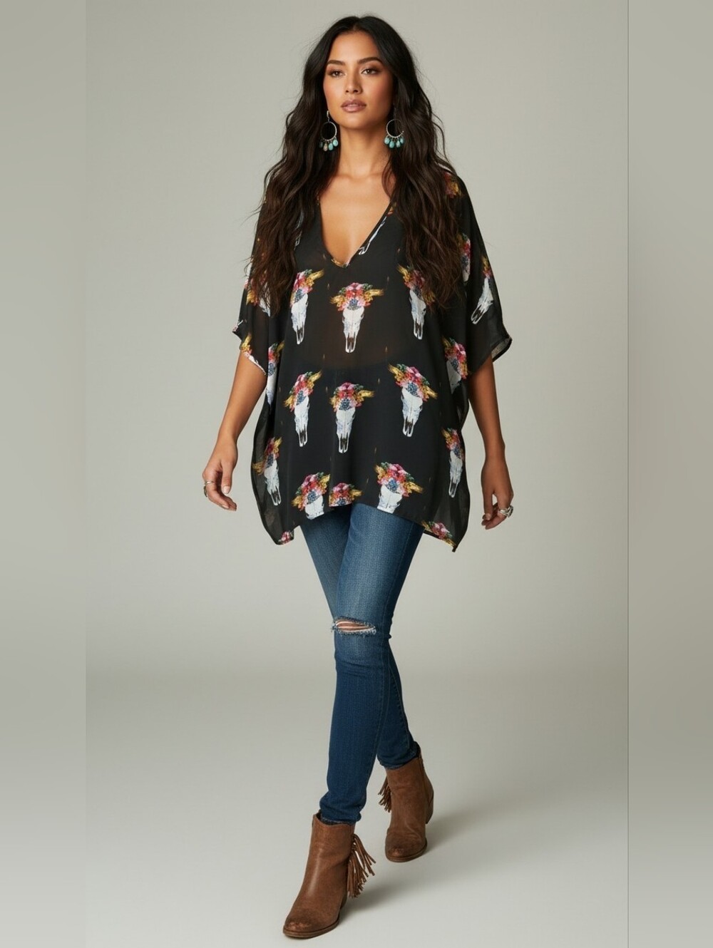 Show Me Your MuMu Peta Tunic Floral Bull Skull Print Oversized Small P2P 31" - Picture 5 of 7